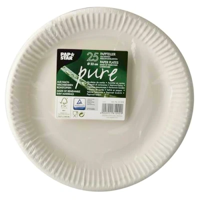 Imagen de PAPSTAR Platos de papel desechables, redondos, 25 unidades, cartón 100% fibra fresca, diámetro 23 cm, aptos para alimentos, compostables, fiestas, cumpleaños, fiestas jardín #81202