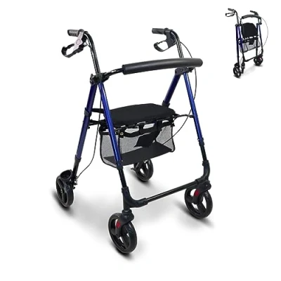 Imagen de Mobiclinic®, Andador para adultos, Plegable, Ligero, De aluminio, Regulable patas y asiento, Con asiento 4 ruedas, Marca Española, sujeta bastones, cesta, Regulable, Augusto, Azul