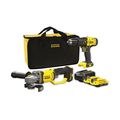 Imagen de STANLEY FATMAX SFMCK471D2S QW Kit combinado V20 (Incluye Amoladora angular a batería de 125 mm, Taladro percutor batería, cargador y 2 baterías iones litio 2,0 Ah, estuche incluido)