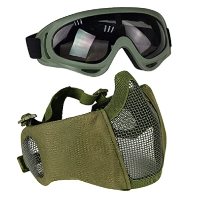 Imagen de AOUTACC juego de equipo protección para airsoft, máscaras malla media cara con auditiva y gafas CS/caza/paintball/tiro (verde)