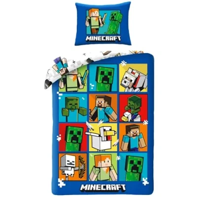 Imagen de Juego de cama Minecraft Creepers, 100% algodón, funda nórdica 140 x 200 cm y almohada 70 90