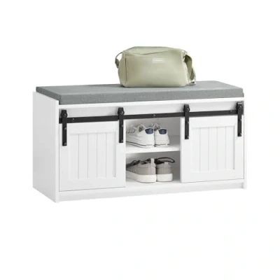 Imagen de SoBuy Banco Zapatero Bequeño con Puerta Corrediza de Granero Armario Multifuncional Asiento para Entrada 2 Estantes Almacenamiento Blanco 90 x 35 46 cm FSR133 K W ES