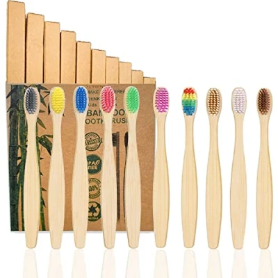 Imagen de Juego de 10 cepillos dientes bambú para niños, cerdas extrasuaves, estuche viaje y uso doméstico, duraderos sin moho, 100% naturales, respetuosos con el medio ambiente, biodegradables