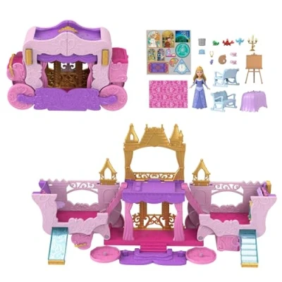 Imagen de Mattel Disney Princess Minis Set de juego carruaje que se transforma en castillo, casa muñecas pequeñas con princesa Aurora, 4 figuras, muebles y accesorios, juguete +3 años (HWX17)