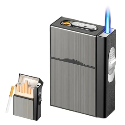 Imagen de Vegena pitillera con mechero, encendedor de tormenta, a prueba viento, gas, USB recargable, gas puede contener 20 cigarrillos