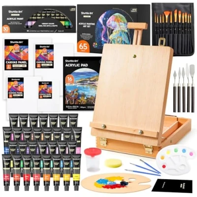 Imagen de Shuttle Art 65 Piezas Kit Pintura Acrílica, Caballete con 30 Colores Tubos de Lienzo, Pinceles y Paleta, Maletin Pinturas para Niños, Adultos, Artistas