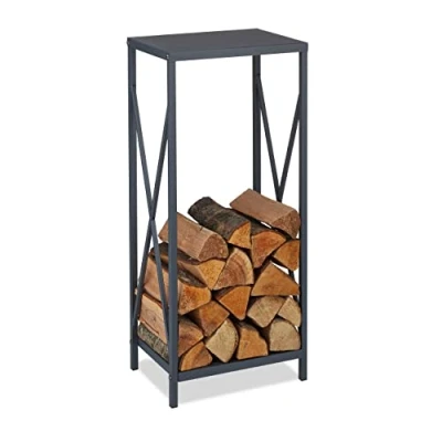 Imagen de Relaxdays Leñero Vertical, Soporte Leña Metal, 80,5 x 34 25cm, Bandeja Leños Acero, Accesorio Chimenea, Interior, Gris