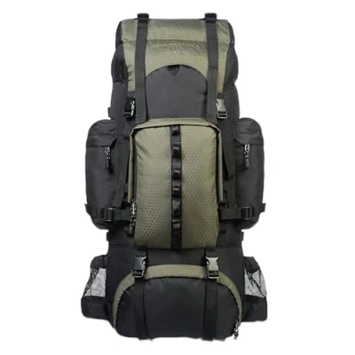 Imagen de Amazon Basics Mochila de senderismo con estructura interna y capa para lluvia, 65 L, Verde
