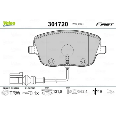 Imagen de VALEO 301720 Juego de pastillas freno FIRST Eje delantero con contacto avisador desgaste Chapa antichirridos SEAT: Ibiza 3, SKODA: Fabia 2