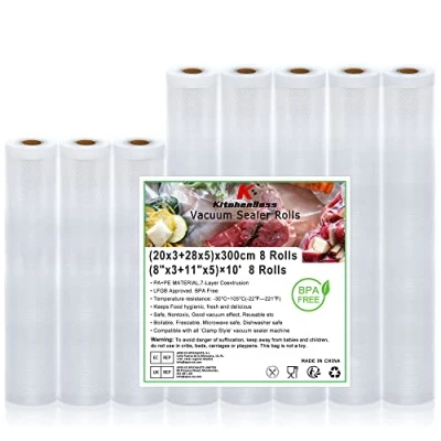 Imagen de Rollos Envasadora Al Vacio Bolsas Alimentos：KitchenBoss 8 Rollen Envasar Alimentos, Sin BPA, 20 x 3/28 5/300 cm de Gofradas para Alimentos y Sous Vide Cocina