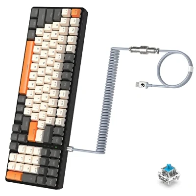 Imagen de MAMBASNAKE K3 Teclado mecánico con Cable Ultra Compacto 98 Teclas RGB Iluminado LED Clicky Azul Interruptor+Cable USB en Espiral Tipo C a A, Conector de aviación Metal Desmontable, QWERTY US