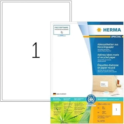 Imagen de HERMA 10736 etiquetas recicladas DIN A4 grandes (199,6 x 289,1 mm, 80 hojas, papel reciclado, mate), autoadhesivas, imprimibles, permanentes, adhesivas, blanco natural
