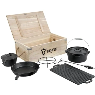 Imagen de BBQ Toro Juego de Horno Holandés en Caja Madera con Dutch Oven y más Hierro Fundido 7 Piezas Curado Pre seasoned