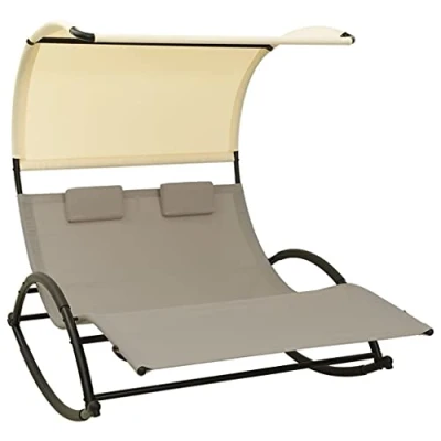 Imagen de vidaXL Tumbona Doble con Toldo Hamaca Piscina Playa Cama Patio Terraza Balcón Jardín Cómodo Relajante Chaise Longue Textilene Gris Taupe y Crema