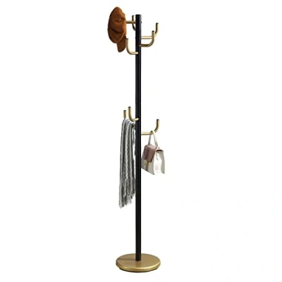 Imagen de IDIMEX Perchero para ropa de pie, altura 174 cm, base redonda y 8 ganchos, mueble entrada metal lacado negro oro dorado