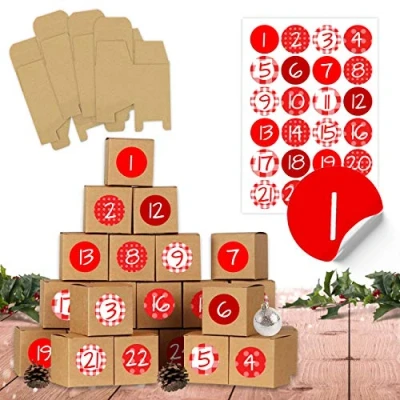 Imagen de Papierdrachen DIY calendario de adviento para rellenar rojo 24 cajas marrones naturales cartón 400g/m² colocar y decorar Navidad