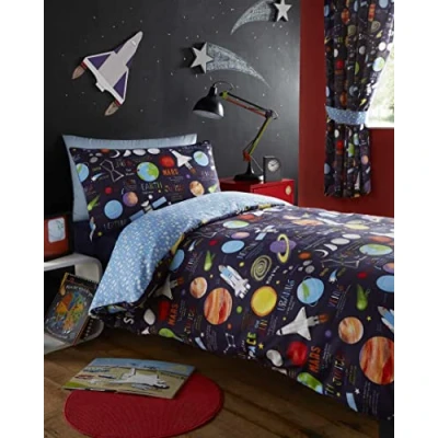 Imagen de Kidz Club Planets Juego edredón y Funda de Almohada para niños, diseño Sol, Marte Luna, Poliéster algodón, Negro, Sencillo, Suelto
