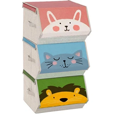Imagen de SONGMICS Caja Almacenaje Tela Infantil, Organizadora Plegable, Juego de 3, Apilables con Asas, Tapa Magnética, para Habitación Niños, Conejo Gato León, Rosa, Azul, Verde y Gris RFB760P01