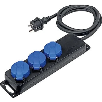 Imagen de as Schwabe Regleta de distribución triple, enchufe múltiple con cable 1,5 m, tomas múltiples tapa abatible y montaje en pared 230V, 16A, IP44, negro, 38601