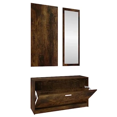 Imagen de vidaXL Set Mueble Zapatero 3 en 1 Armario Estantería Almacenamiento Recibidor Entrada Pasillo Sala de Estar Madera Contrachapada Color Roble Ahumado