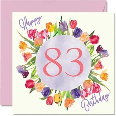 Imagen de Stuff4 Hermosas tarjetas de cumpleaños número 83 para mujer, ramo flores tulipanes acuarela, tarjeta feliz su abuela, niñera, mamá, 145 mm, bonitas