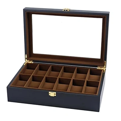 Imagen de Guolich Caja de Almacenamiento reloj 12 Ranuras Soporte Exhibición Organizador Colección Pulsera Joyería Madera Maciza Negra con Tapa Vidrio