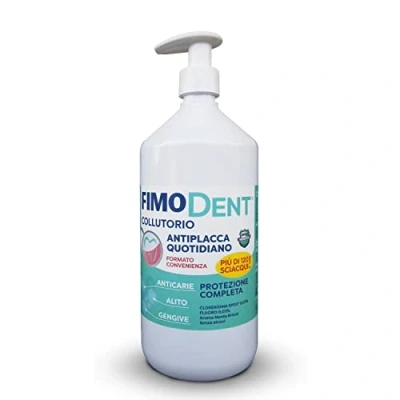 Imagen de Fimodent Enjuague Bucal Diario Antiplaca Clorhexidina 0,05% y Flúor Prevención completa de placa, encías aliento Sabor Menta 1000mL con dispensador que ahorra frescor