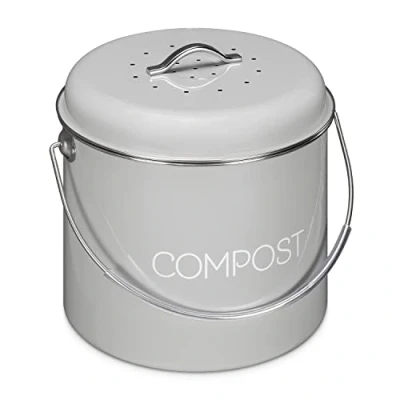 Imagen de Navaris Cubo de Metal para Compost Contenedor Basura orgánica con Tapa y 3X Filtro 21,5 x 23,2 cm Compostera Vintage la Cocina 5 l