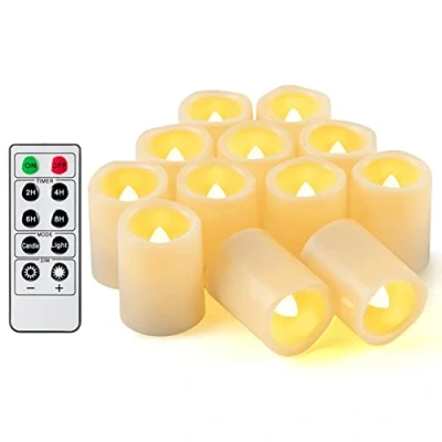 Imagen de 12 velas votivas LED parpadeantes sin llama con control remoto, funciona pilas, eléctricas para exteriores, temporizador Navidad, decoraciones de Navidad (pilas incluidas) 200 horas