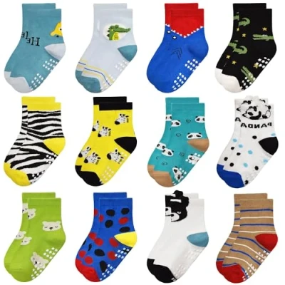 Imagen de Yafane 12 Pares de Calcetines Antideslizantes para Niños Pequeños Infantil Recién Nacido Algodón Bebés 0 7 años (FR/ES, Edad, 5 años, Multicolor 6)