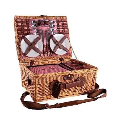 Imagen de eGenuss Cesta de Mimbre para Picnic 4 Personas con Correa Hombro Desmontable, Cubiertos Acero Inoxidable, refrigerador, Copas Vino y Platos en Porcelana Rojo