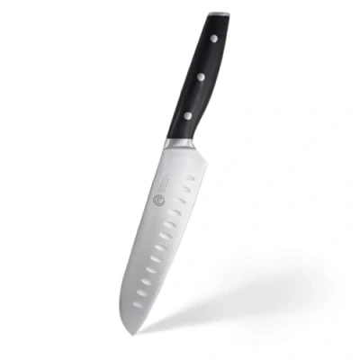 Imagen de MasterChef Cuchillo Santoku Profesional, Acero Inoxidable con Alto Contenido en Carbono Cabezales y Asas de Triple Remache, Espiga Llena, Hoja Longitud 18cm