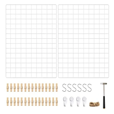 Imagen de SONGMICS Juego de 2 Paneles Malla, Pantalla para Foto, 65 x 45 cm, Decoración Pared Metálica, Múltifuncional, Bricolaje, Exhibición Arte, Gancho S, Pinzas, Cordón Cáñamo, Blanco LPP02W