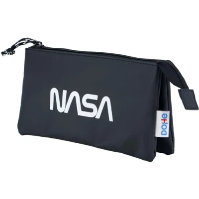 Imagen de Dohe Estuche Escolar 3 Compartimentos Cierre de Cremalleras, Licencia Oficial, Poliéster Resistente, 23x12x2,5 cm, Material NASA Black Negro