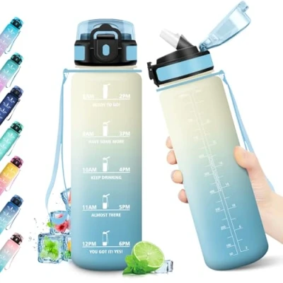 Imagen de Botella Agua Deportiva 1L, Motivacional, con Pajita, Marca de Tiempo, Reutilizable, Garrafa sin BPA, Cantimplora para Escuela, Oficina, Sport, Yoga, Gimnasio,Gym