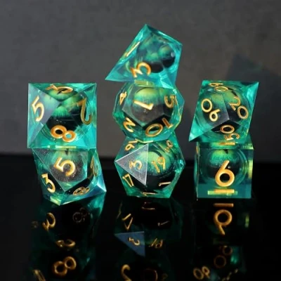 Imagen de Juego de Dados DND Ojo Dragón Movedizas Borde Afilado Resina D&amp;D 7 Piezas para Mazmorras y Dragones Poliédricos Pathfinder RPG MTG con Caja Regalo
