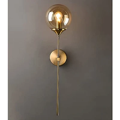 Imagen de ZTTECH Lámpara de pared industrial vintage globo cristal ámbar con aplique dorado brazo largo, para cabecera (ámbar)