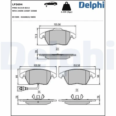 Imagen de DELPHI LP3694 Juego de pastillas freno con contacto avisador desgaste Chapa antichirridos sin accesorios VOLKSWAGEN: GOLF 5, 6