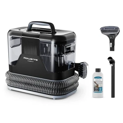 Imagen de Rowenta Clean It, Aspirador de tapicerías multiuso, Gran depósito extraíble 1,8 L agua limpia y 1,5 residual, Diseño compacto, 12,5 kPa, 400 W, Autolimpieza, Blanco Negro, IN5010