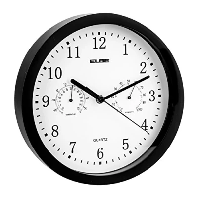 Imagen de ELBE RP 1005 N Reloj de Pared con termómetro e higrómetro, Mide Temperatura y Humedad, 25 cm diámetro, Panel Blanco Marco Negro, Funciona Pilas, talla única