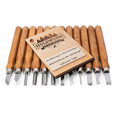 Imagen de HOLZWURM Herramientas de tallado 12 pcs. incl. Instrucciones (EN), juego cuchillos ideal para tallar madera, vegetales, frutas y mucho más