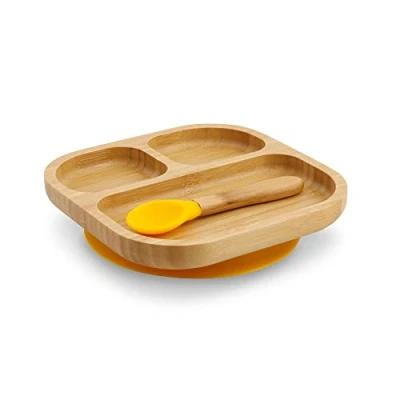 Imagen de BIOZOYG Juego de platos bambú cuadrados I plato con ventosa y cuchara certificado FSC madera p. niños cuenco para vajilla bebés cuadrada amarillo