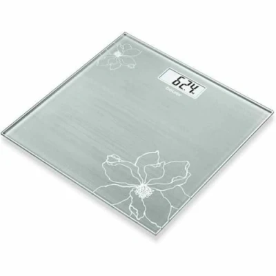 Imagen de Beurer GS 10 báscula de baño vidrio, extra plana 1.9 cm, pantalla digital LCD con grandes dígitos (2.6 cm), color grisáceo detalle flor efecto purpurina