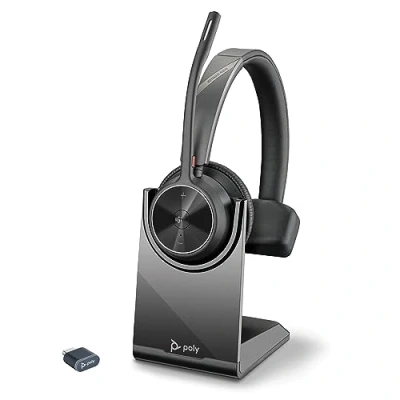 Imagen de Auricular inalámbrico y soporte de carga Poly Voyager 4310 UC Bluetooth monoaural con micrófono brazo cancelación ruido Conéctalo a PC/dispositivo móvil Teams (certificado)