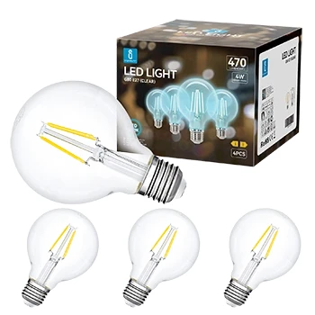 Imagen de Aigostar Bombilla LED E27 Edison, 4W Equivalente a 40W, Blanco Frío 6500K, 470 Lúmenes, Vintage Decorativa G80 de Filamento, No Regulable, Cristal Transparente, Pack 4