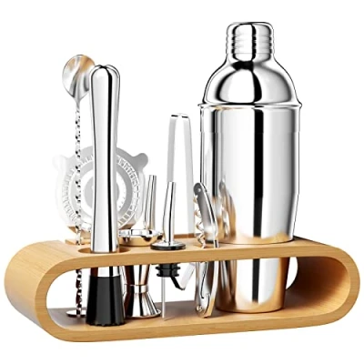 Imagen de Newpop 750ML Coctelera, 10 piezas juego de Coctéles inox con soporte madera, profesional barman herramientas medidor, cuchara, vertedor, para mezclar bebidas, hogar, barra, fiestas (plata)