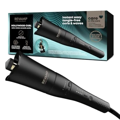 Imagen de REVAMP Progloss Hollywood Curl, Rizador de Pelo Giratorio Automático, Crea Rizos Apretados u Ondas Voluminizadoras, Barril Iónico Cerámica, Queratina