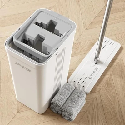 Imagen de JOYMOOP Juego de fregona y cubo con escurridor, plana para limpieza del suelo, limpiador pared mango largo, escoba flecos madera dura 4 almohadillas microfibra