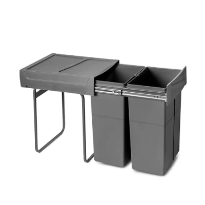 Imagen de Emuca Contenedor de reciclaje para mueble cocina, fijación inferior y extracción manual, Cubos basura bajo fregadero 2x25litros, Plástico gris antracita