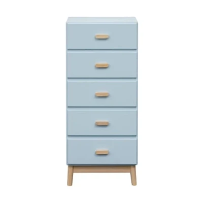 Imagen de Rebecca Mobili cajonera para niños, de 5 cajones, color celeste marrón, MDF pino, estilo escandinavo, habitación Montessori Medidas 115 x 50 40 cm Art. RE7143